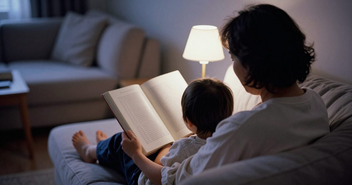 A grandmother and a small child on a sofa, seen from behind, a picture book open across their laps under a reading lamp.