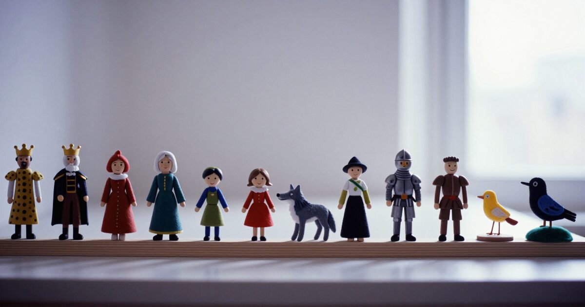 A row of small wooden story figures on a shelf in a bright room: a king, a grandmother, children, a knight, a wolf and a bird.
