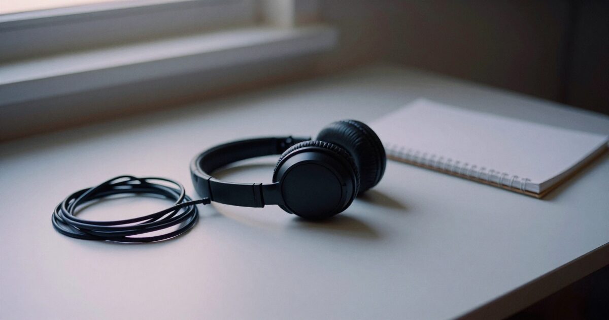 Over-ear headphones and a coiled cable on a pale desk beside a closed notebook, cool window light across the surface.
