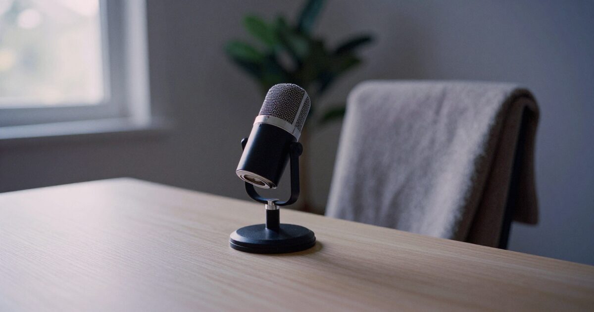 A small studio microphone on a desk stand in a quiet room, soft window light behind it.