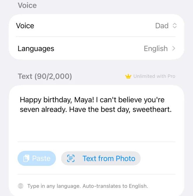 The Generate screen in VoiceNPC: a text box holding a line of text, with Paste and Text from Photo buttons underneath.