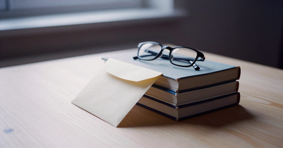 A short stack of closed hardcover books on a pale wooden table, an envelope leaning against them and a pair of reading glasses on top.