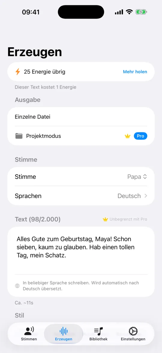 Der Bildschirm „Erzeugen“ mit ausgewählter Stimme und eingegebener Textzeile.