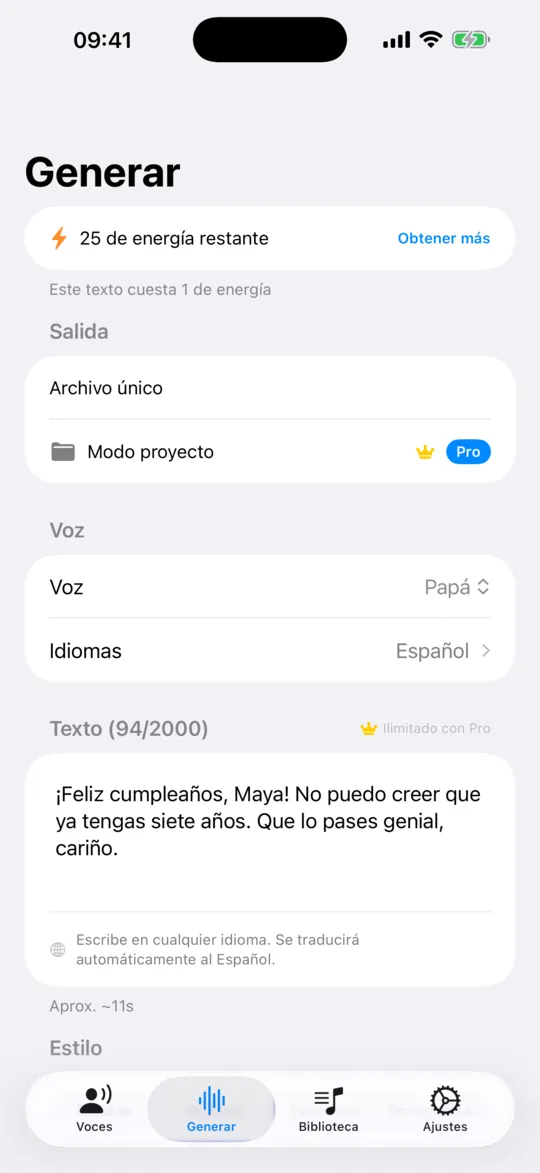 La pantalla Generar, con una voz seleccionada y una línea de texto escrita.