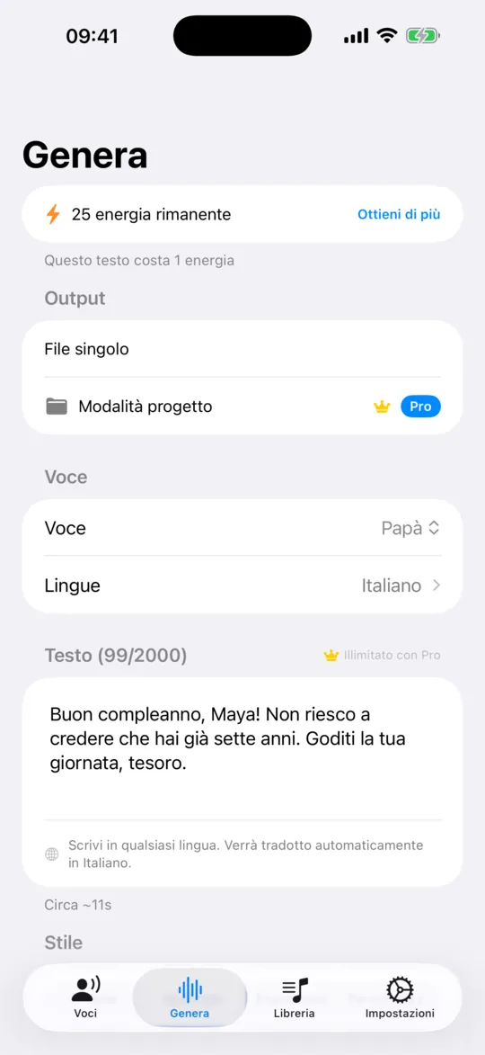 La schermata Genera con una voce selezionata e una frase digitata.
