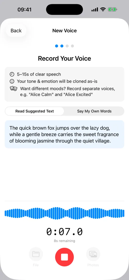 The New Voice screen in VoiceNPC recording a sample, with a live waveform, a 0:07.0 timer and eight seconds remaining.