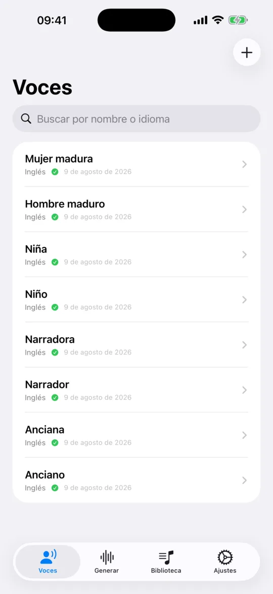La pestaña Voces, con las voces guardadas y las predefinidas junto a su idioma.