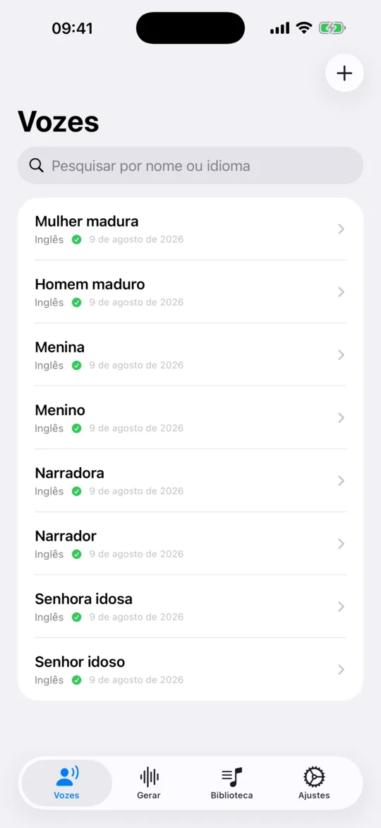 O separador Vozes com a lista de vozes guardadas e vozes iniciais, cada uma com a sua língua.