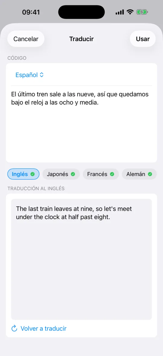 La pantalla de Vista previa, con el texto original encima de su traducción.