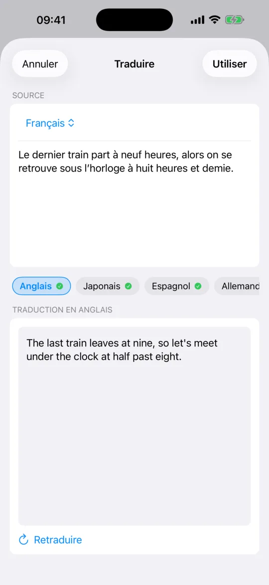 L'écran Traduire, qui affiche le texte source au-dessus de sa traduction.