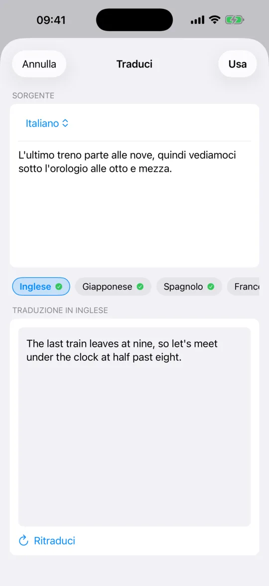 Il riquadro Traduci con il testo originale sopra la sua traduzione.