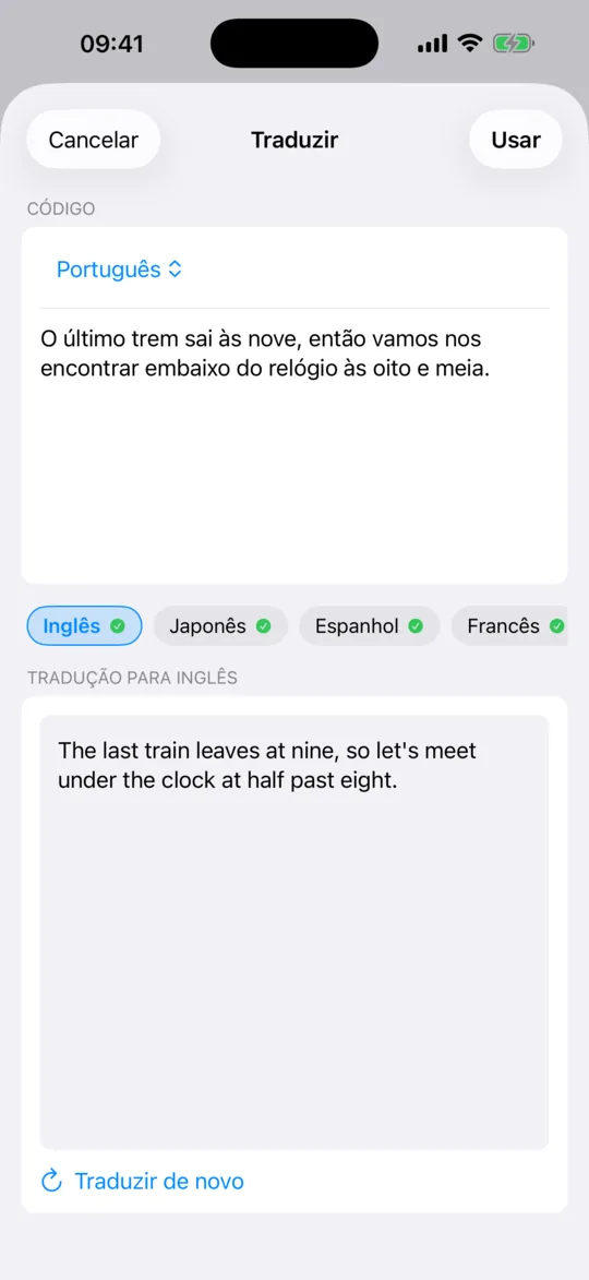 O painel Traduzir com o texto original por cima da tradução.