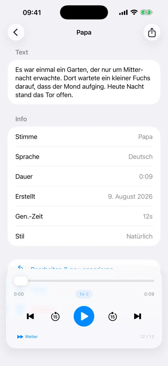 Eine fertige Generierung, in der Bibliothek geöffnet, mit der Wiedergabesteuerung.