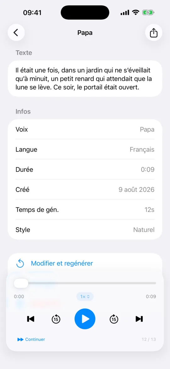 Une génération terminée, ouverte dans la bibliothèque, avec les commandes du lecteur audio.
