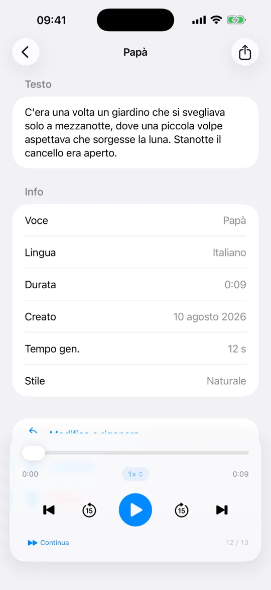 Una generazione completata aperta nella libreria, con i controlli del lettore audio.