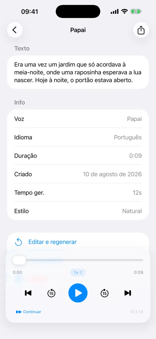 Uma geração terminada, aberta na biblioteca, com os controlos do leitor de áudio.