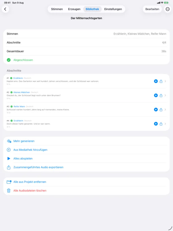 Ein Mehrstimmen-Projekt, geöffnet auf dem iPad: Die Abschnitte erstrecken sich über die volle Breite, unterhalb einer oberen Navigationsleiste.