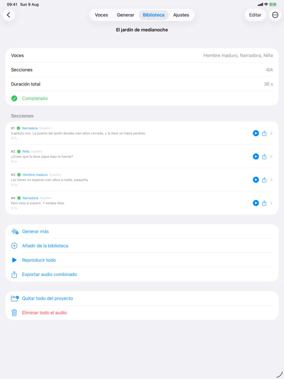 Un proyecto con varias voces abierto en iPad, con sus secciones a todo lo ancho bajo una barra de navegación superior.