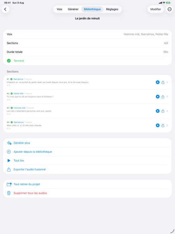 Un projet multi-voix ouvert sur iPad, ses sections affichées en pleine largeur sous une barre de navigation supérieure.