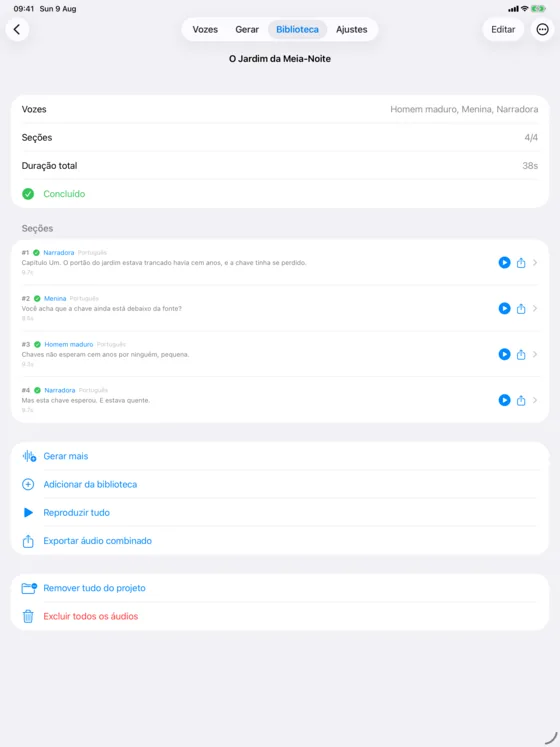 Um projeto com várias vozes aberto no iPad, com as secções dispostas em toda a largura, por baixo de uma barra de navegação superior.